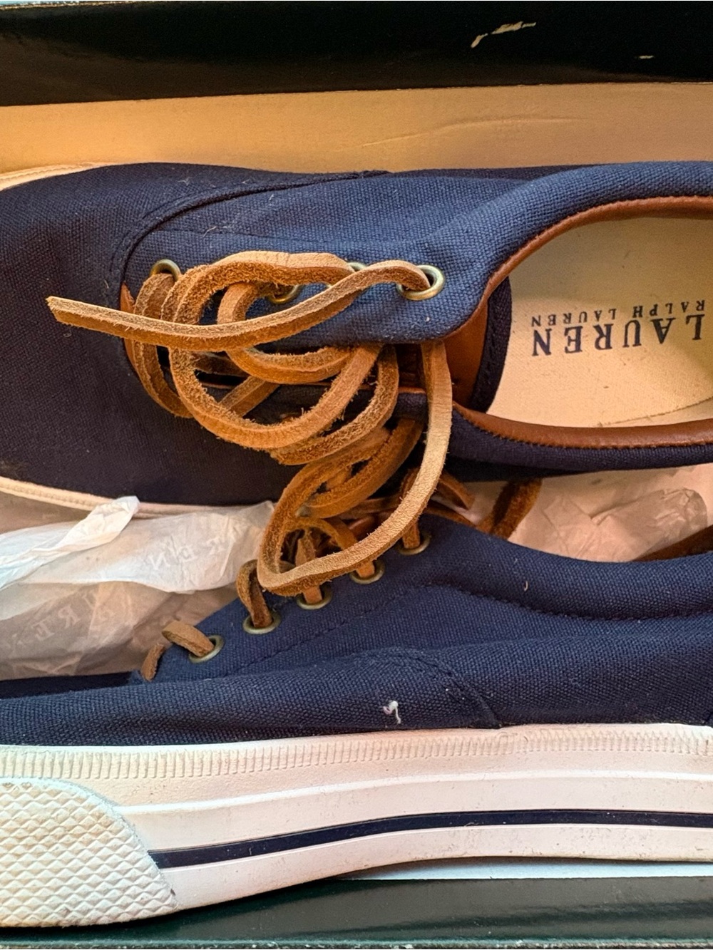 Ralph Lauren Navy Canvas Low-Top Sneakers with Brown Laces